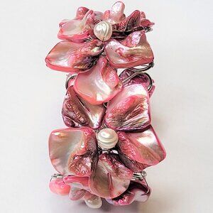 Pink Cuff Bracelet Adjustable Bangle with Pearls - NEW